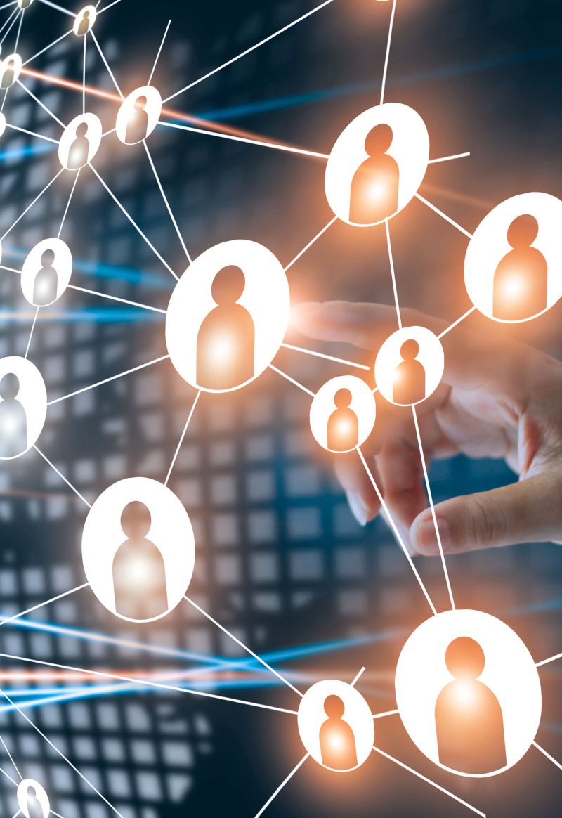 Hand of touching network connecting the human dots icon in business project management. Teamwork organization and brainstorm concept